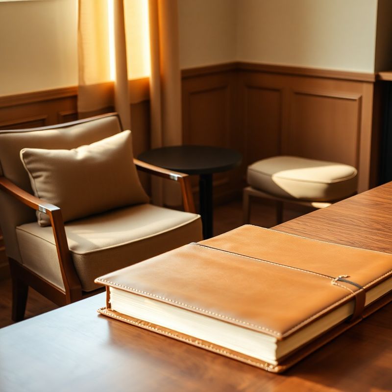 Detaliu interior al sălii de consultanță în tonuri de nisip, cu fotolii din in verde-oliv și un dosar din piele pe masă