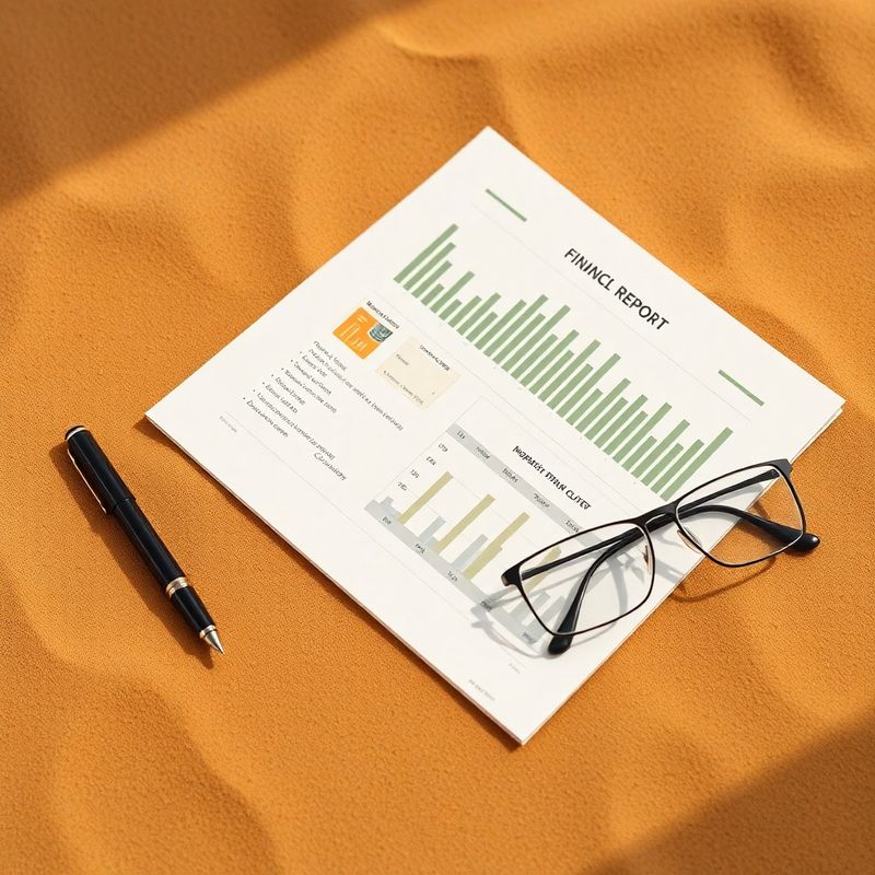 Flat-lay editorial: stilou, raport financiar tipărit cu grafice, ochelari de citit, accent verde-oliv pe suprafață de nisip cald