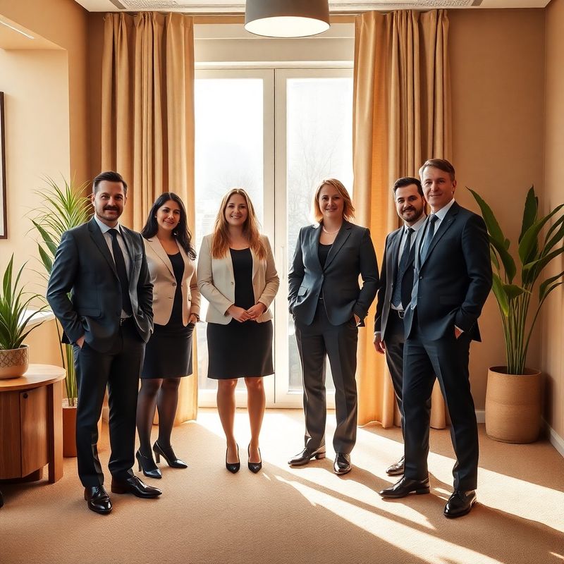 Portret de grup al celor patru consilieri financiari într-un birou din Sibiu, decor în tonuri de nisip și verde-oliv, lumină naturală