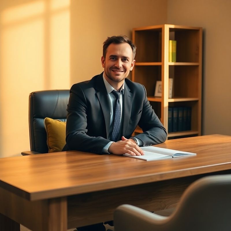 Profesionist așezat la birou din stejar masiv, lumină caldă, perete în nuanță de nisip, mic raft cu volume juridice
